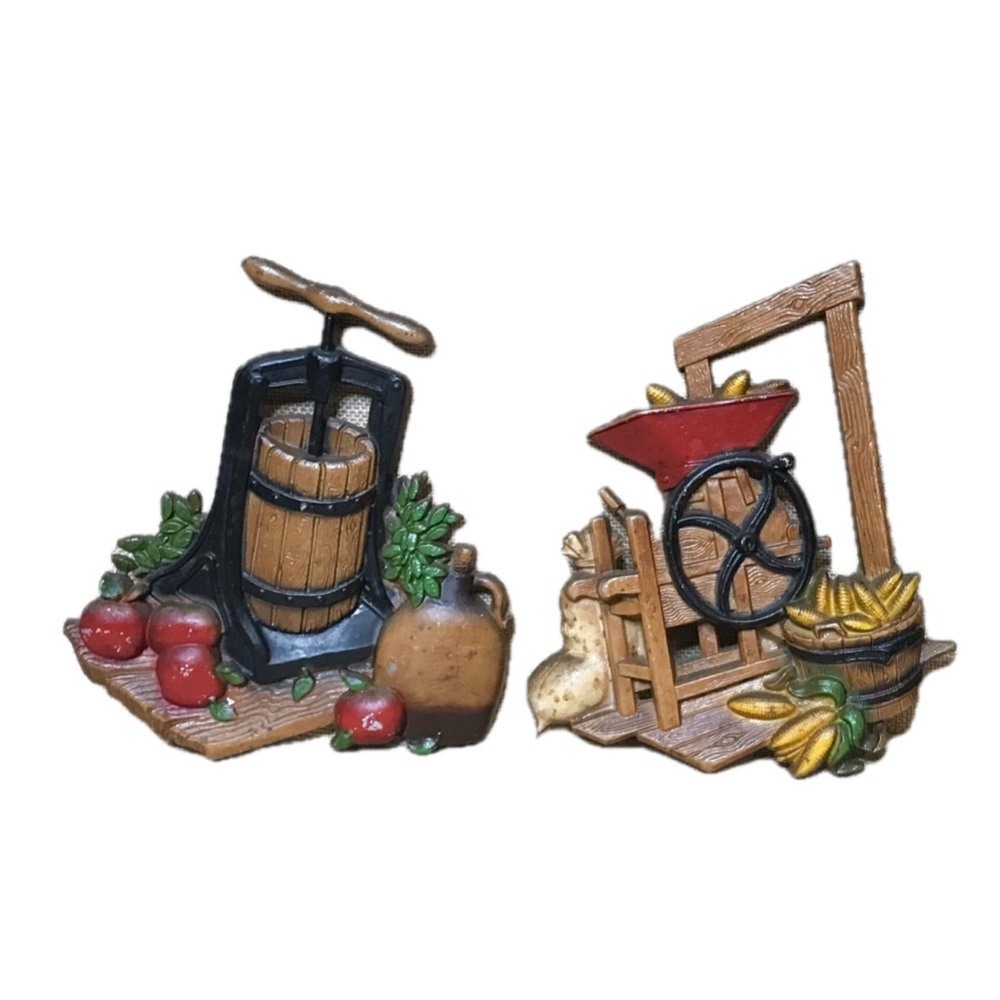Vintage Homco Apple Press Corn Shucker Metal Wall Hanging Set Farmcore Farmhouse